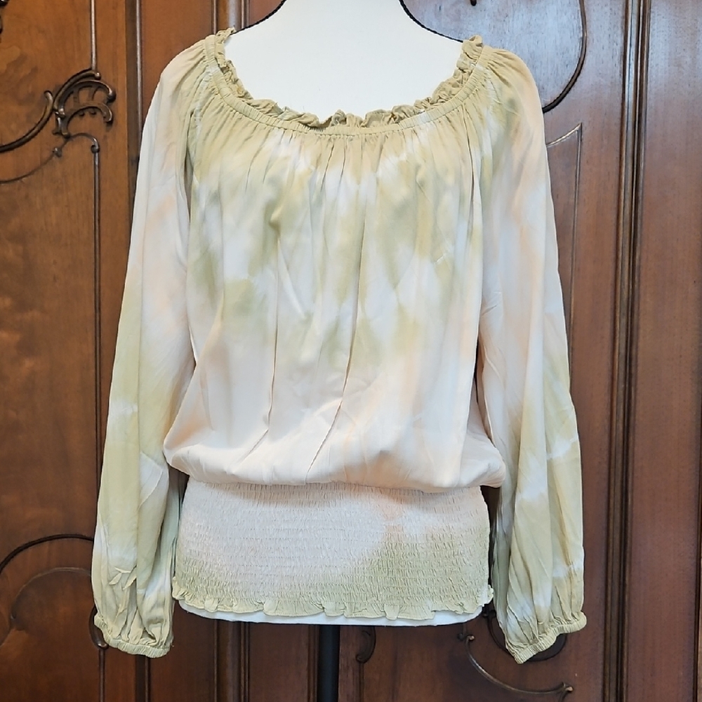 Mystree Sweet Spirit Tie Dye Boho Peasant Top Off  Shoulder Sz M Olive & Coral